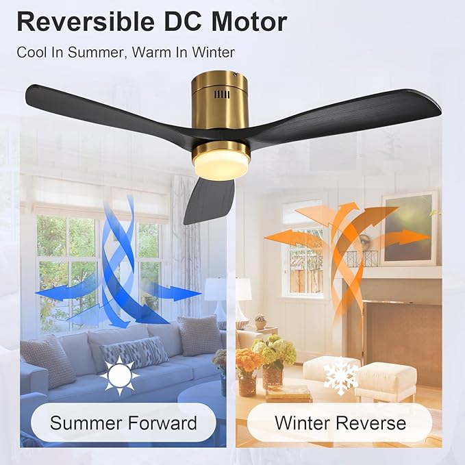 Sofucor 52 Inch Ceiling Fans with Lights, Flush Mount Black Indoor/Outdoor Ceiling Fan with Light Remote Control, Reversible DC Motor, 3 Blade Solid Wood Ceiling Fan Light for Bedroom Patio Farmhouse