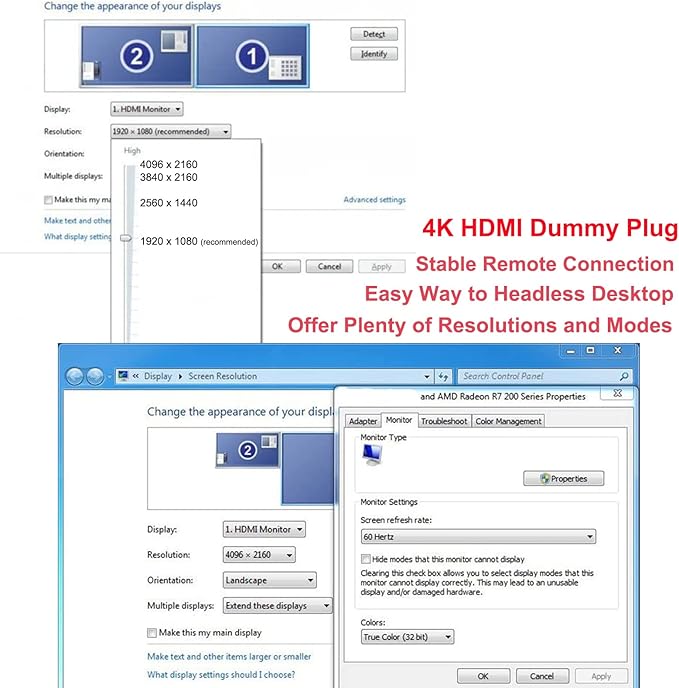 DTECH 4K HDMI Dummy Plug Display Emulator Headless Ghost Adapter Compatible with Windows Mac OSX Linux Support 4kx2k 2160P 1080p for Computer Desktop (fit-Headless, 1 Pack)
