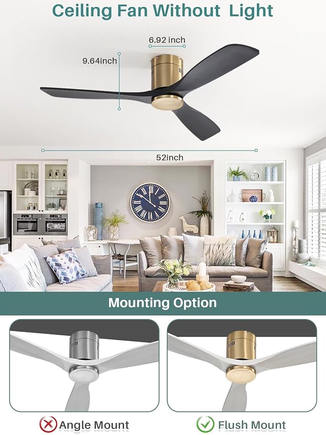 Sofucor 52 Inch Smart Ceiling Fan Without Lights Flush Mount Solid Wood Ceiling Fan with Alexa/Google Assistant/APP/Remote Control-Modern Outdoor Ceiling Fans No Light for Bedroom/Patio, Black Gold