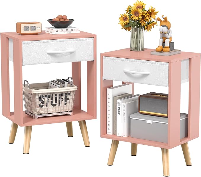 GYIIYUO Nightstands Set of 2 with Fabric Storage Drawer and Open Wood Shelf, Side Table with Storage for Bedroom, Bedside Tables - Pink