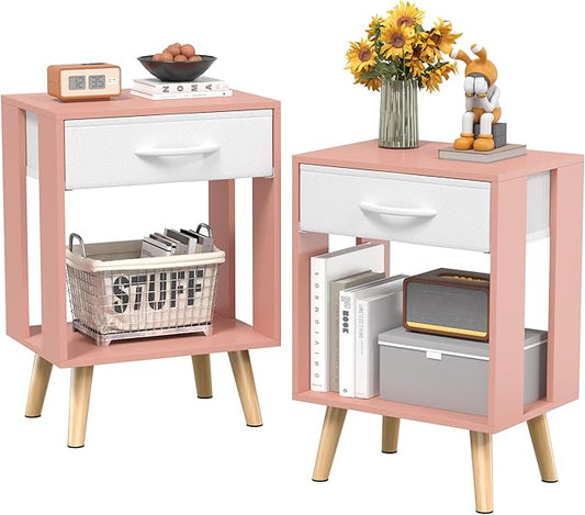 GYIIYUO Nightstands Set of 2 with Fabric Storage Drawer and Open Wood Shelf, Side Table with Storage for Bedroom, Bedside Tables - Pink