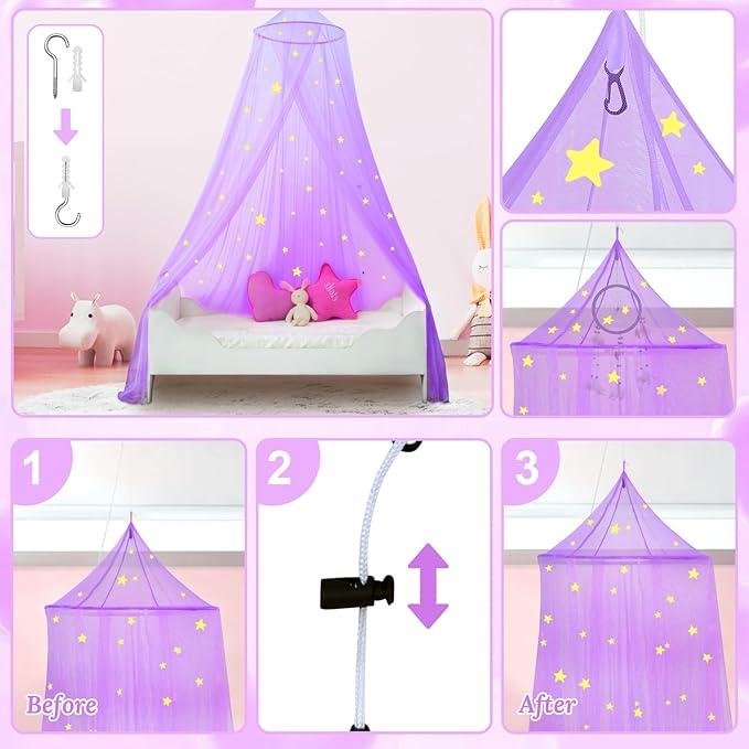 South to East Princess Bed Canopy With Glowing Stars for Girls Room, Purple Curtains From Ceiling for Twin and Full Size Beds, Ideal Gift