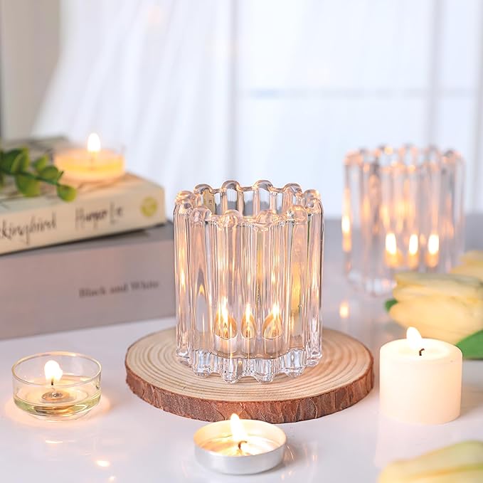 Glass Clear Votive Candle Holder, Ribbed Votive Candle Holders Set of 12, Tealight Candle Holder for Wedding Centerpieces Dinner Party Table Decor