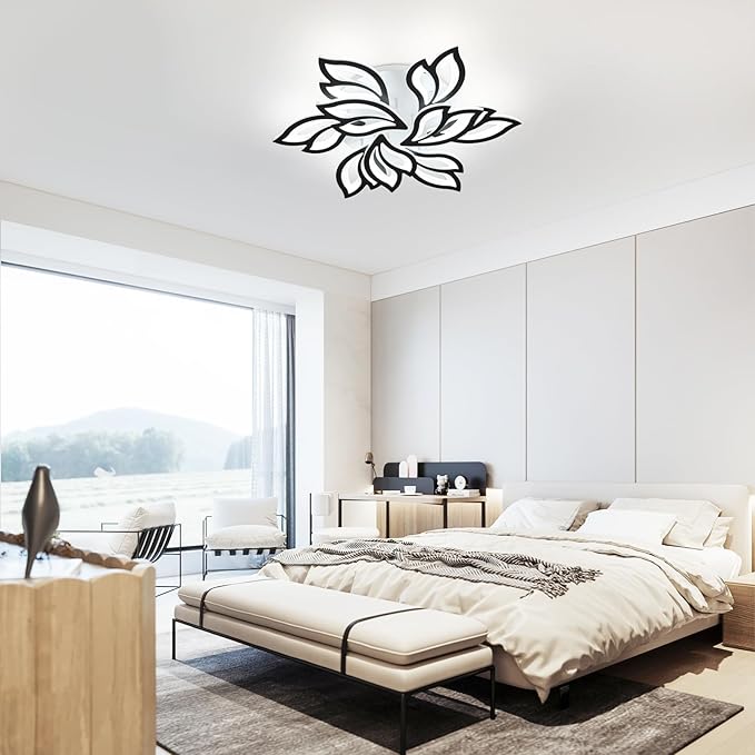 Garwarm LED Ceiling Light, Dimmable Modern Flower Shape Flush Mount Ceiling Lamp, 75W Acrylic Petals Ceiling Chandelier Lighting with Remote Control for Living Room Bedroom Dining Room (Black)