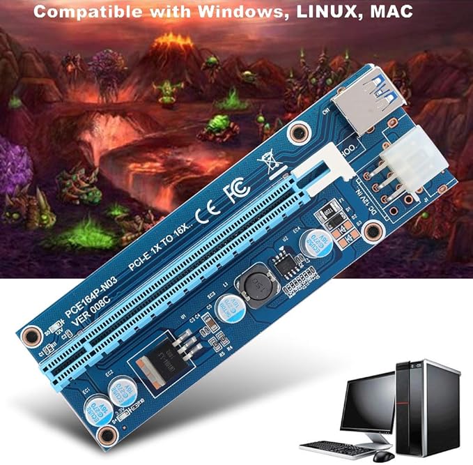 Richer-R Mini PCI-E to PCI Express 16x Extender, Riser Adapter with SATA Power Cord for Video Card Mining, USB, Linux, Personal Computer, Laptop
