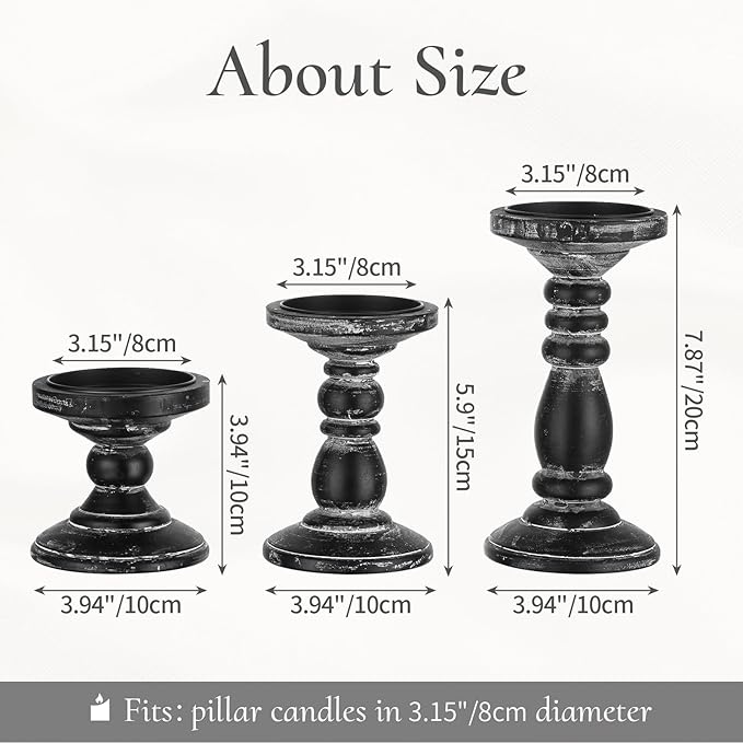 Wood Pillar Candle Holder: 3Pcs Rustic Black Candle Holders for Pillar Candles Wood Candle Holders Distressed Wooden Farmhouse Candle Holder Large Rustic Candle Holder for Fireplace Table