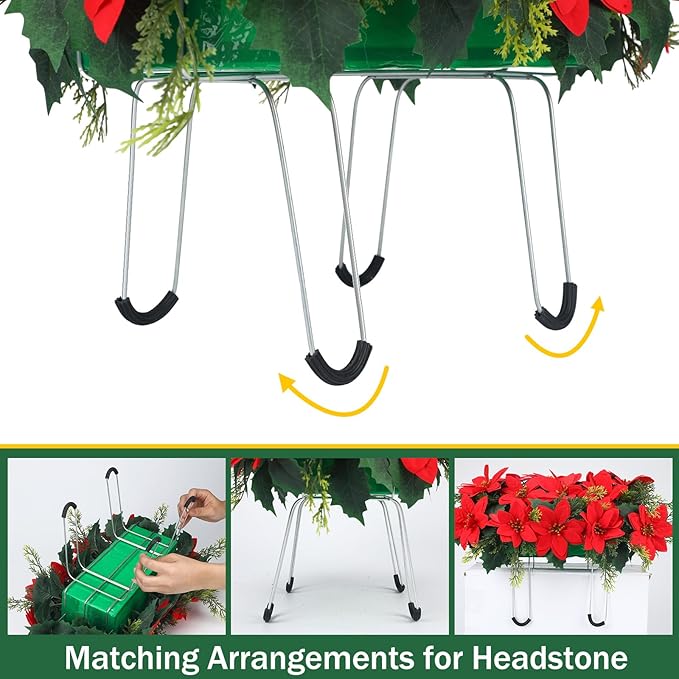 Christmas Cemetery Decorations for Grave Headstone Flower Saddle Artificial Flower Saddles Red Poinsettia Outdoor Memorial Headstone Realistic Bouquet(Red,Classic Style)
