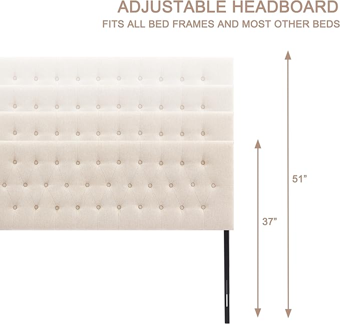 Tufted Upholstered Headboard King Size, Solid Wood Head Board with Durable Metal Legs, Adjustable Height Bed headboard from 37” to 51” Fabric Headboard in Modern Button Design, Beige