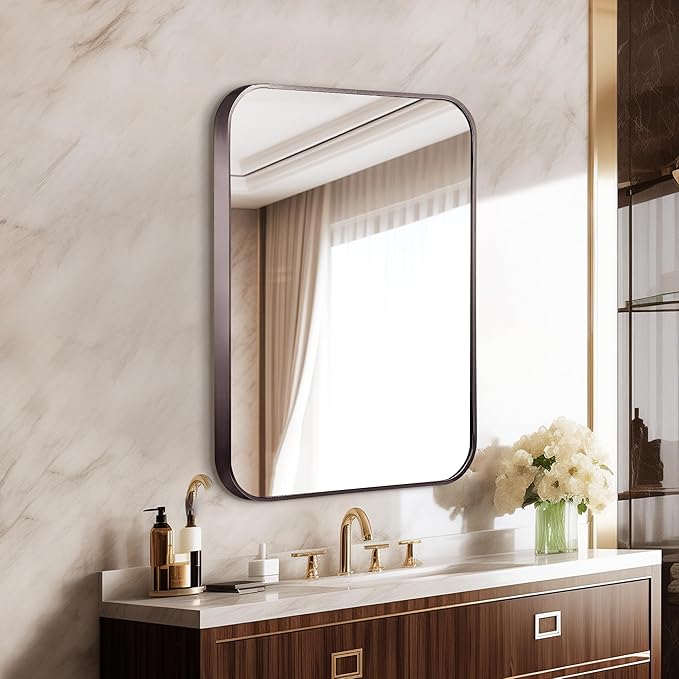 20"x30" Brushed Titanium Bathroom Mirror, Dark Grayish Brown Rounded Rectangle Wall Mirror with Metal Frame Hanging for Bathroom Entryway Vanity,Living Room,Bedroom,Vertical or Horizontal