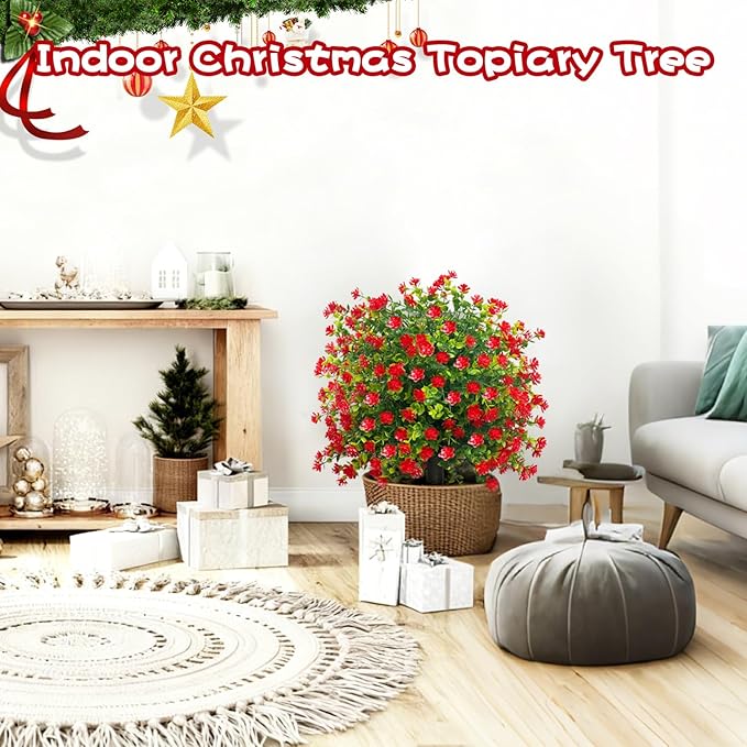 Set of 2 Artificial Topiary Boxwood Rose Ball Christmas Trees with Ground Spike,23" UV Resistant Outdoor Xmas Decor Faux Greenery Shrubs with Flowers, Fake Plants Bush for Garden, Yard, Porch