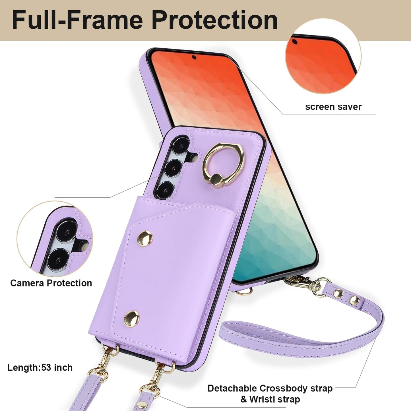 Samsung Galaxy S24 Phone Case for Women, Crossbody Wallet Case with Credit Card Holder Lanyard Shockproof Purse
