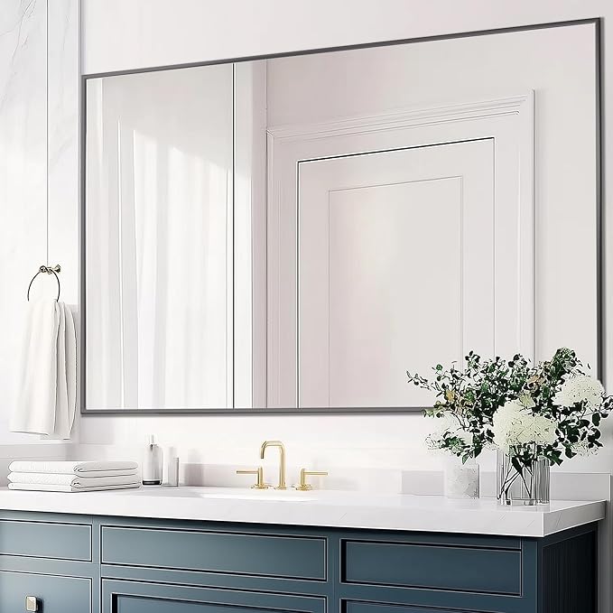 Antok Bathroom Mirror, 60"x36" Wall Mirror, Decorative Mirrors Vanity Mirror Aluminum Alloy Frame Contemporary Rectangular Hanging Mirror for Living Room Bathroom Entryway,Black,Rect Corner
