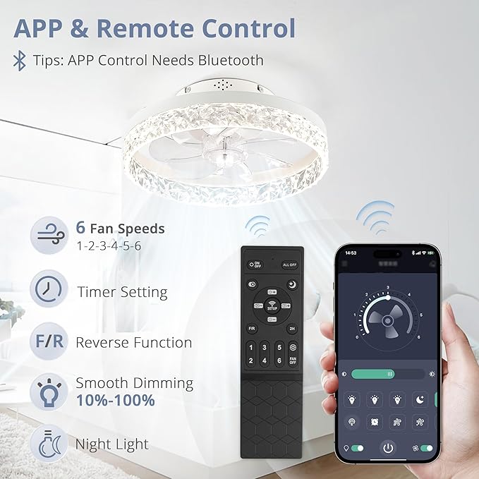 LEDIARY 15.7" Modern Ceiling Fans with Lights and Remote, Dimmable Low Profile Ceiling Fan, Flush Mount Ceiling Fan, Stepless Color Temperature Change and 6 Speeds - White