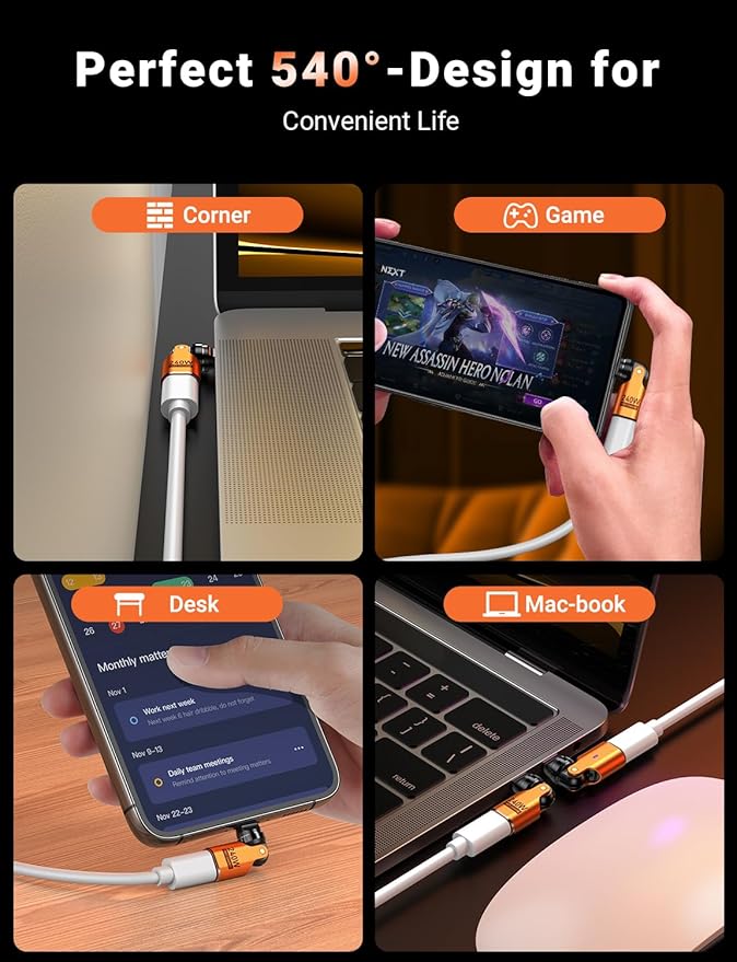 USB C Magnetic Adapter PD 240W(2Pack), 9PIN USB C 90 Degree Adapter/C Right Angle Adapter/180 Degree USB Connector/C to C Adaptor for 1Phone 16/15 Series, Ma-Book Pro/1Pad Series (Orange, 2 Pack)