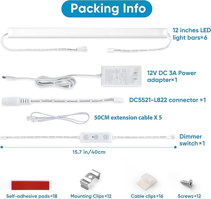 Litever Under Cabinet Lighting Kit Plug in, 6 pcs 12 Inches LED Light Bars. Super Bright Dimmable Linkable for Kitchen Undercabinet Counter Top Shelf Pantry Closet Display Lighting. Warm White 3000K