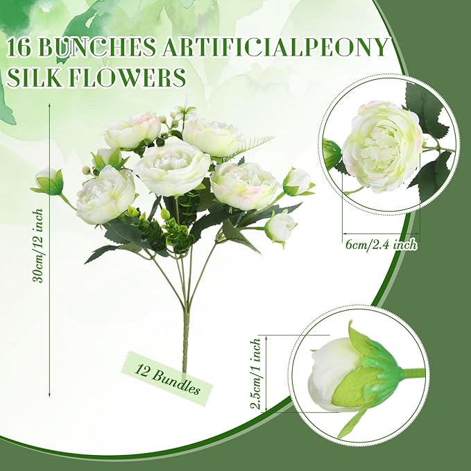 Geosar 16 Bundles Artificial Peonies Flowers Fake Silk Peony Bouquet Faux Peonies Flowers Bulk for Decoration Vase Floral Arrangements Wedding Party Table (Green)
