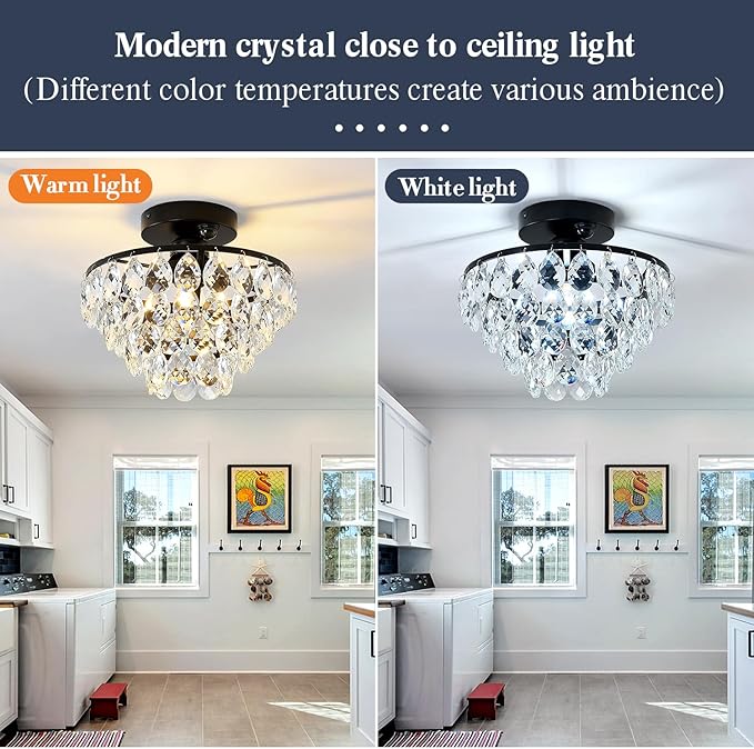 YYJLX Indoor Motion Sensor Ceiling Light Fixture Modern Cryatal Semi Flush Mount Ceiling Light Black Ovrehead Light Fixture for Porch Hallway Front Entryway Kitchen Hall Garage.