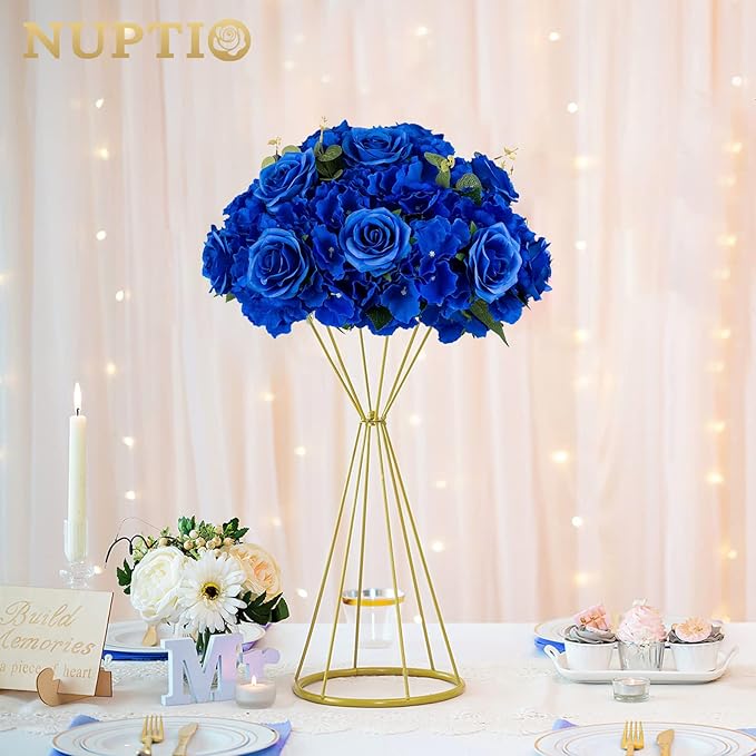 NUPTIO Artificial Flower Centrepieces for Tables - 10 Pcs Large Fake Flowers Roses Balls 15.7 inch Diam- Royal Blue Silk Faux Rose Arrangement Bouquet for Wedding Party Centerpiece Table Decorations