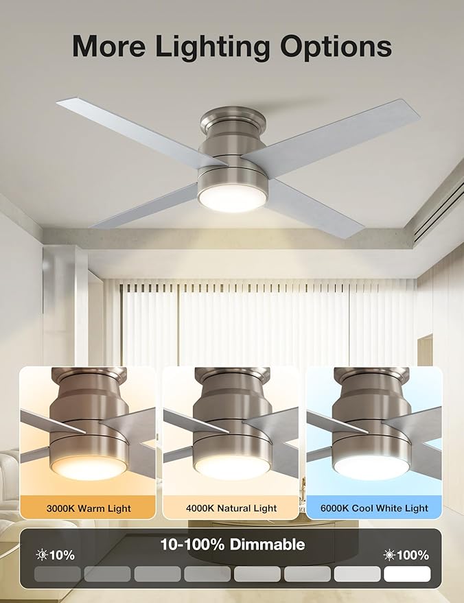warmiplanet Flush Mount Ceiling Fans with Lights and Remote Control, 52-Inch, Brushed Nickel, 4-Blades, 2 Pack
