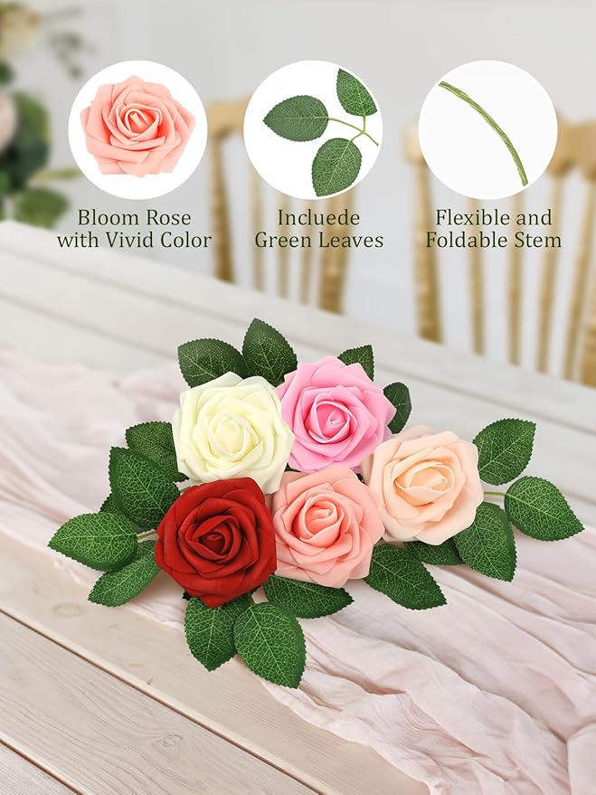 MACTING Artificial Rose Flowers 30PCS Fake Flowers with Stem Real Touch Soft Foam Rose Wedding Bouquet Baby Shower Table Centerpieces Home Spring Summer Decor(Gradual Red Series)