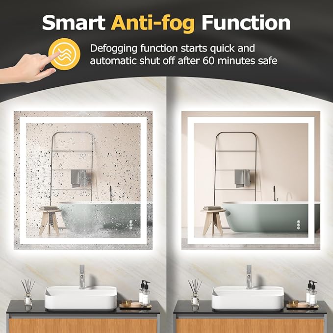 36X36 LED Bathroom Mirror with Lights, Anti-Fog, Dimmable, Backlit + Front Lit, Smart Bathroom Vanity Mirror, Memory Function, Shatterproof, Tempered Glass (Horizontal/Vertical)