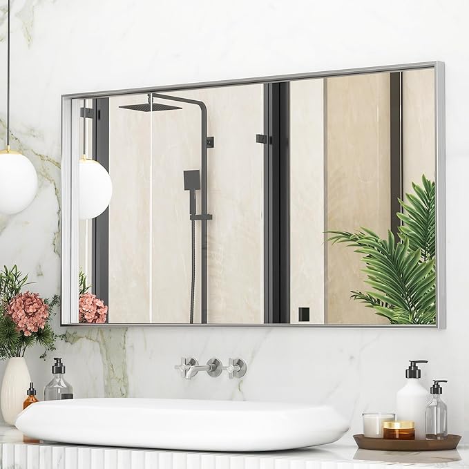Suidia Bathroom Mirror, 60" x 30" Wall Mirror Metal Framed, Bathroom Vanity Mirror for Living Room Bedroom Bathroom Entryway, Silver, Rect Corner Style