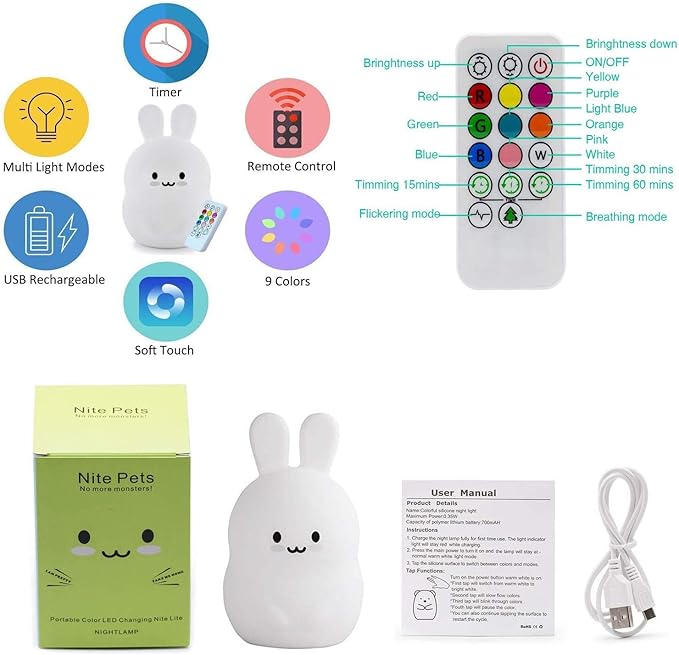 Rabbit Night Light for Kids, Rechargeable LED Children Lamp, Soft Silicone (BPA Free) for Baby/Boys/Girls/Adult, Remote & Touch Control Adjustable Brightness and Colors, Indoors/Outdoors
