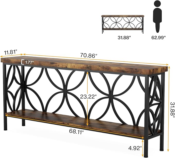 LITTLE TREE Sofa Table, 70.9 Inch Industrial Behind Couch Table with Storage Shelves, Narrow Long Console Table for Entryway, Living Room, Foyer, Hallway, Office