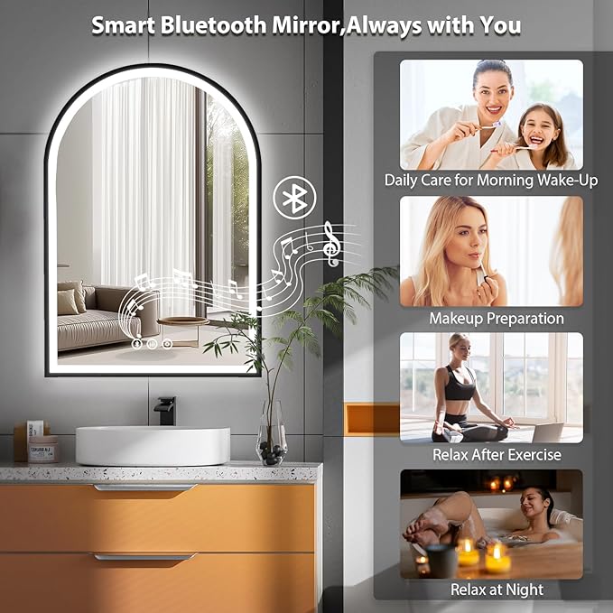 24x36 Inch Led Mirrors for Bathroom, Arch Vanity Mirror with Lights, Wall-Mounted Mirror with Bluetooth Speaker, Anti-Fog, Memory Function, 3 Color Temperature, Dimmable