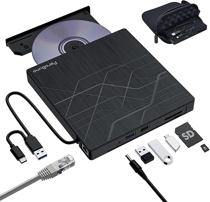 Super External CD DVD Drive, USB 3.0 DVD Burner with Ethernet Adapter, 3 USB and 2 TF/SD Card Ports, CD DVD Player Reader Writer Optical Disk Drive for Laptop PC Mac Windows Linux with Carrying Case