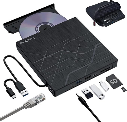 Super External CD DVD Drive, USB 3.0 DVD Burner with Ethernet Adapter, 3 USB and 2 TF/SD Card Ports, CD DVD Player Reader Writer Optical Disk Drive for Laptop PC Mac Windows Linux with Carrying Case