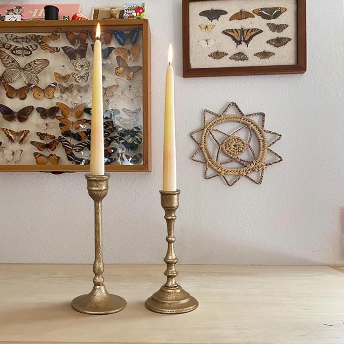 Iron Taper Candle Holder - Set of 2 Decorative Candle Stand - Candlestick Holder for Wedding, Dinning, Party - Antique Brass