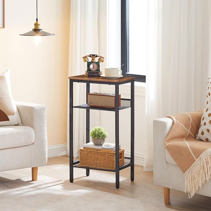 HOOBRO Side Table, 3-Tier Tall End Telephone Table with Adjustable Mesh Shelves, Small Entry Table for Living Room Bedroom Hallway or Office, Rustic Brown and Black BF01DH01G1