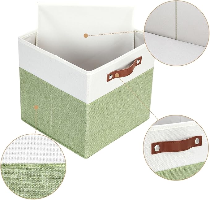 HNZIGE Fabric Storage Cubes for Shelves Set of 4 ,Storage Cubes Baskets 12 x12, Decorative Storage Bins Basket with Handles, Green Baskets for Organizing Home Nursery(Green White)