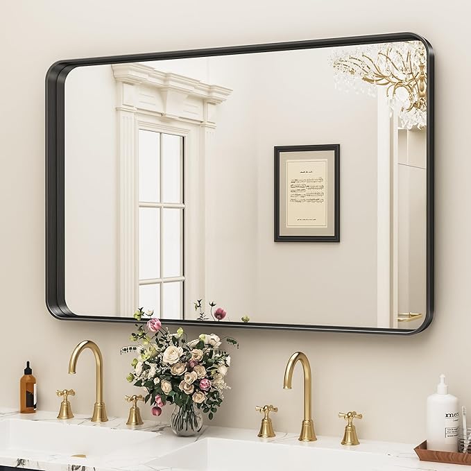Suidia Bathroom Mirror, 30" x 40" Wall Mirror Metal Framed, Bathroom Vanity Mirror for Living Room Bedroom Bathroom Entryway, Black, Rounded Corner Style