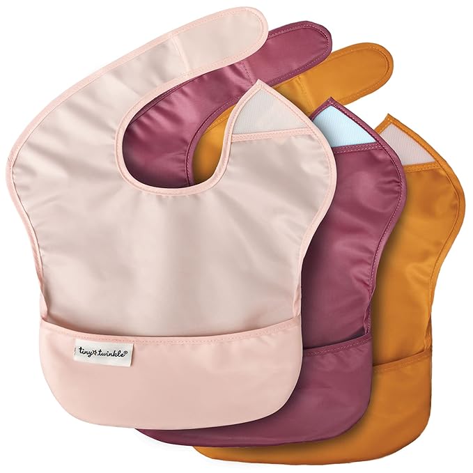 Tiny Twinkle Mess Proof Baby Bibs for Eating - Waterproof, Wipeable Bibs - Toddler Bibs - Travel Friendly - PFAS, PVC, BPA, Phthalate Free - Baby Food Bibs (3 Pack,Blush, Burgundy)