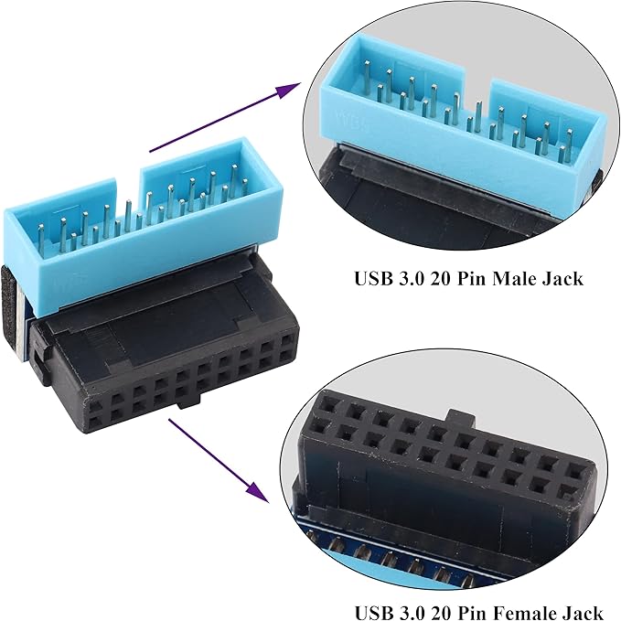 2 Pack 90 Degree Up Angle USB 3.0 20pin Connector USB 3.0 19Pin/20Pin Female to Male Extension Power Adapter Board for Desktop Motherboard Mainboard Internal Header Adapter(Up/blue-20Pin)