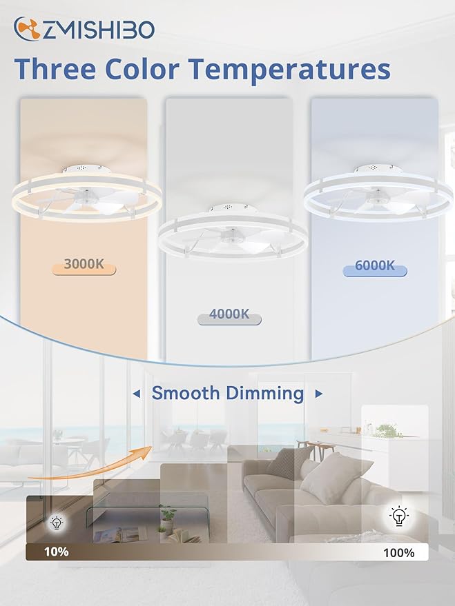 ZMISHIBO 24 Inch Ceiling Fans with Lights and Remote, Modern Low Profile Ceiling Fan, 3000-6000K Dimmable Flush Mount LED Fan Light, 6 Wind Speeds, Fandelier Ceiling Fans for Bedroom- White