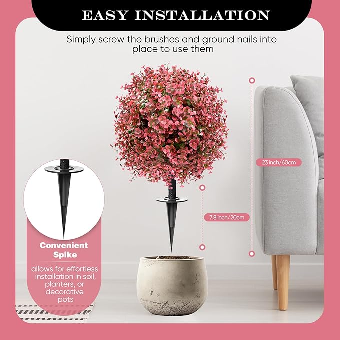2 Pack 23” Artificial Topiary Bushes for Outdoors Fall Decorations with 7.8” Spike, Red Boxwood Ball Fake Shrubs UV Resistant Faux Plants for Indoor Outdoor Garden Entryway Front Porch Decor