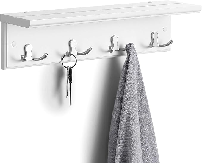 SONGMICS Entryway Hanging Coat Rack, Wall-Mounted Wooden Shelf, with 4 Double Hooks, Wall Floating Shelf, White ULHR42WT