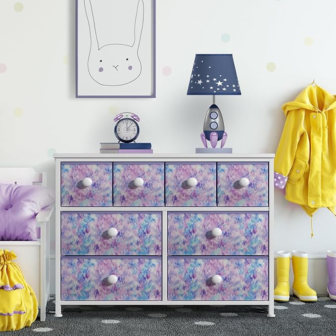Sorbus Fabric Dresser for Kids Bedroom - Chest of 8 Drawers, Storage Tower, Clothing Organizer, for Closet, for Playroom, for Nursery, Steel Frame, Fabric Bins - Knob Handle (Tie-dye Purple)