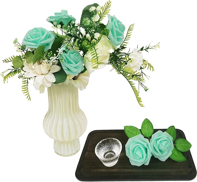 Artificial Rose Flowers 25pcs, Cyan Foam Fake Rose Faux Flower for Wedding Bouquets Bridal Shower Centerpieces Floral Arrangements Home Decorations Party Backdrops Table