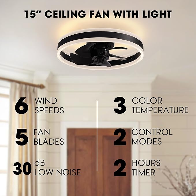 Ceiling Fans with Lights and Remote Flush Mount Black Ceiling Fan with Light,6 Speeds,LED Modern 15" Low Profile Ceiling Fans for Bedroom,Small Room