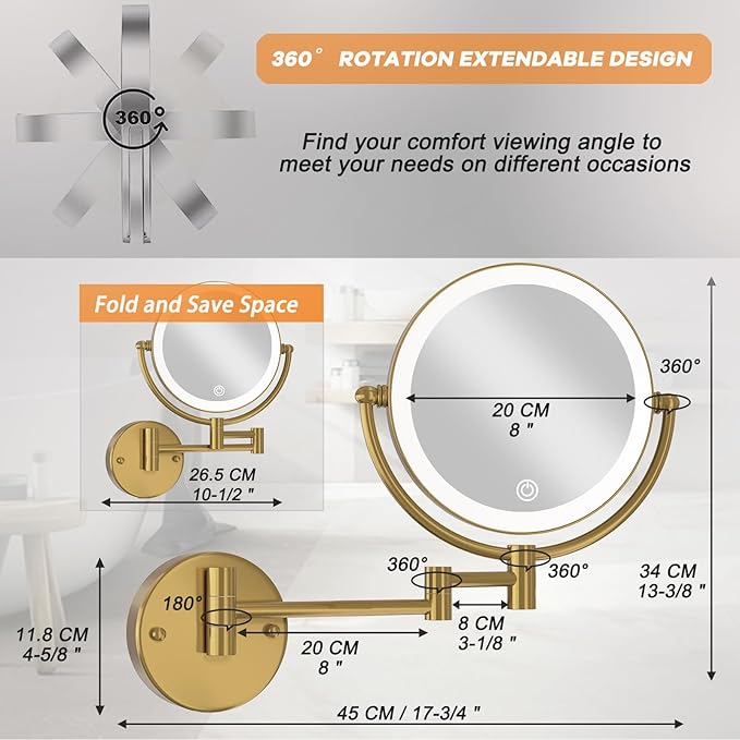 Hardwired Bathroom Makeup Mirror Wall Mount Gold, Double Sided 1/10X Magnifying Make up Mirror with Lights 3 Color & Adjustable Brightness, 360 Swing Arm Shaving Mirror, Brushed Moderne Brass
