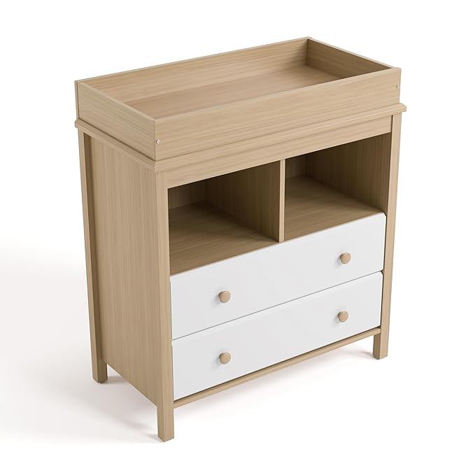 Storkcraft Alpine Nursery Changing Table Dresser Combo (White with Driftwood) – GREENGUARD Gold Certified, Dresser for Nursery, Changing Table with Drawers, Removable Changing Table Topper