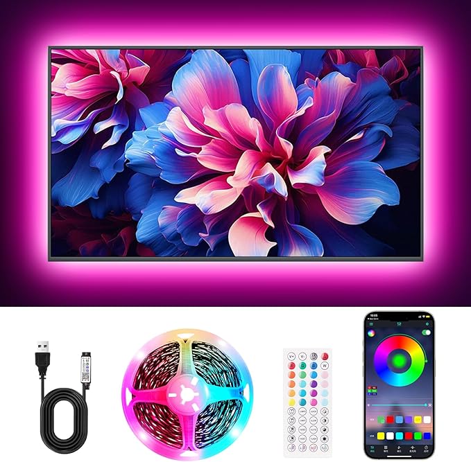 TV LED Lights, 13.2ft Music Sync RGB Strip Lights with Remote & App Control, USB Powered for 32-65 Inch TVs, PC, Bedroom, Gaming Setup, Home Cinema