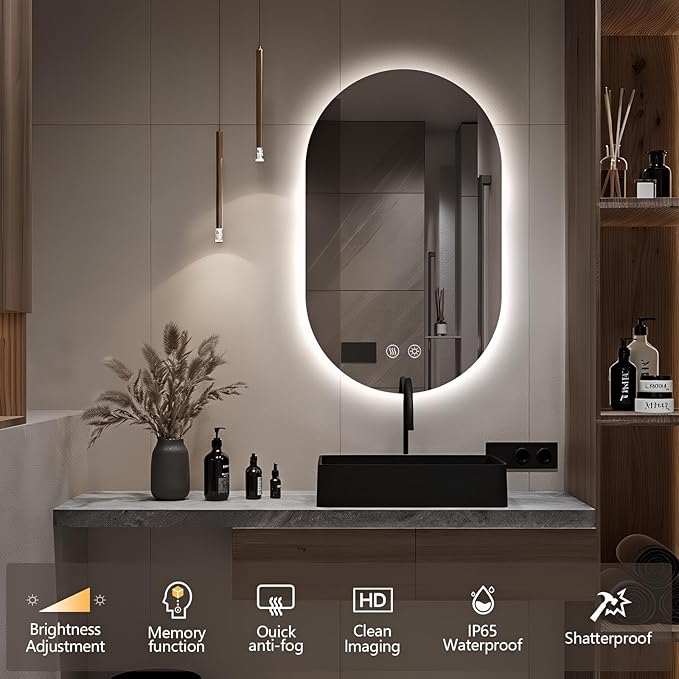 33" x 20" Oval LED Mirror for Bathroom, Backlit Vanity Mirror with Lights, Frameless Smart Wall Mirror, 3 Colors Stepless Dimmable, Anti-Fog, Shatterproof, Memory, CRI95+(Horizontal/Vertical)