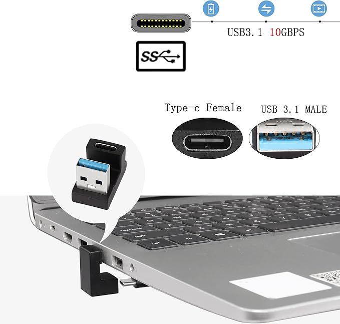 QIANRENON U-Shape USB 3.1 to USB C Adapter 180 Degree USB A3.1 Male to Type C Female Coupler Connector 10Gbps Support Data Transfer OTG 2Pcs