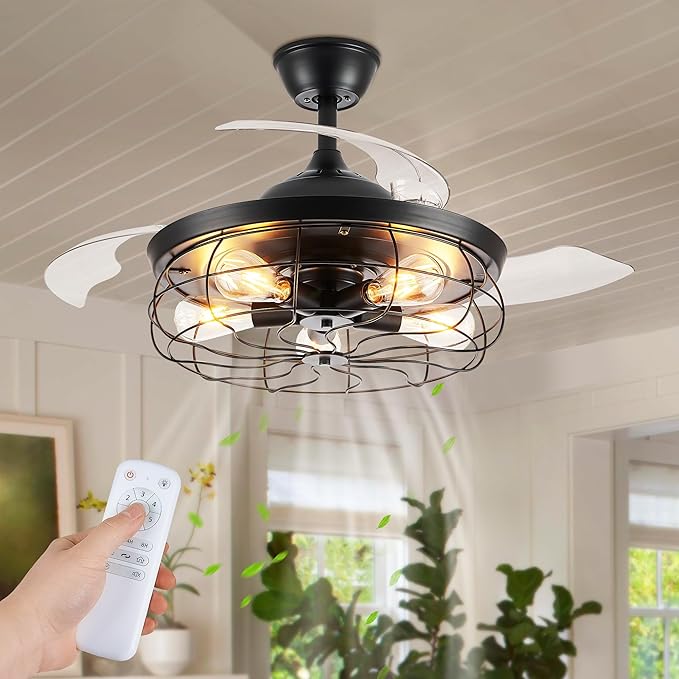 LEDIARY 42" Retractable Ceiling Fans with Lights, Farmhouse Industrial, Caged Fandelier Ceiling Fans with Remote, 6 Wind Speeds,Invisible Blades