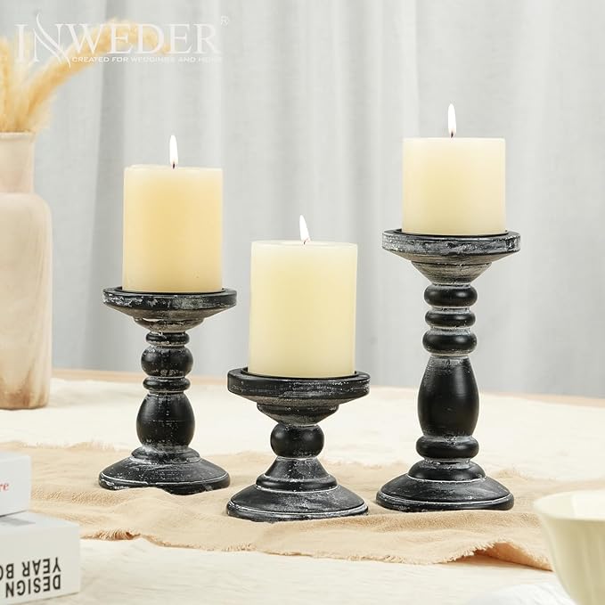 Wood Pillar Candle Holder: 3Pcs Rustic Black Candle Holders for Pillar Candles Wood Candle Holders Distressed Wooden Farmhouse Candle Holder Large Rustic Candle Holder for Fireplace Table